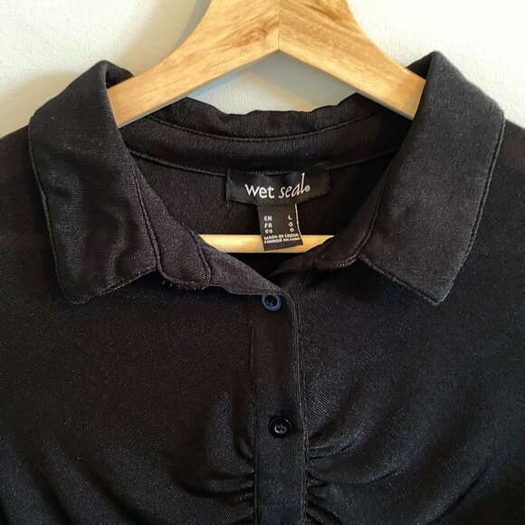 Sheer Black Button Up Crop Top with Ruching and Collar Stretch Polo Y2K Wet Seal - Picture 3 of 7